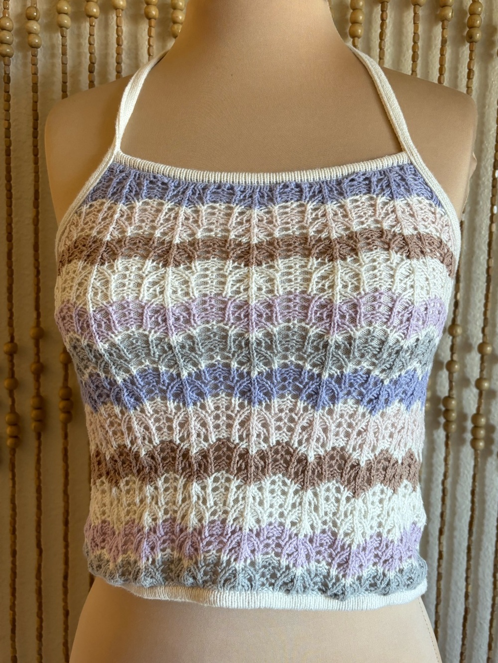 American Eagle Knit Crochet Striped Zigzag Halter White, purple Blue Top XS